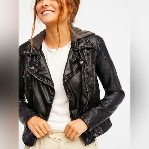 Free People Black Vegan Leather Jacket Hooded Size 2 Removable Hood Boho Coat - Picture 1 of 7